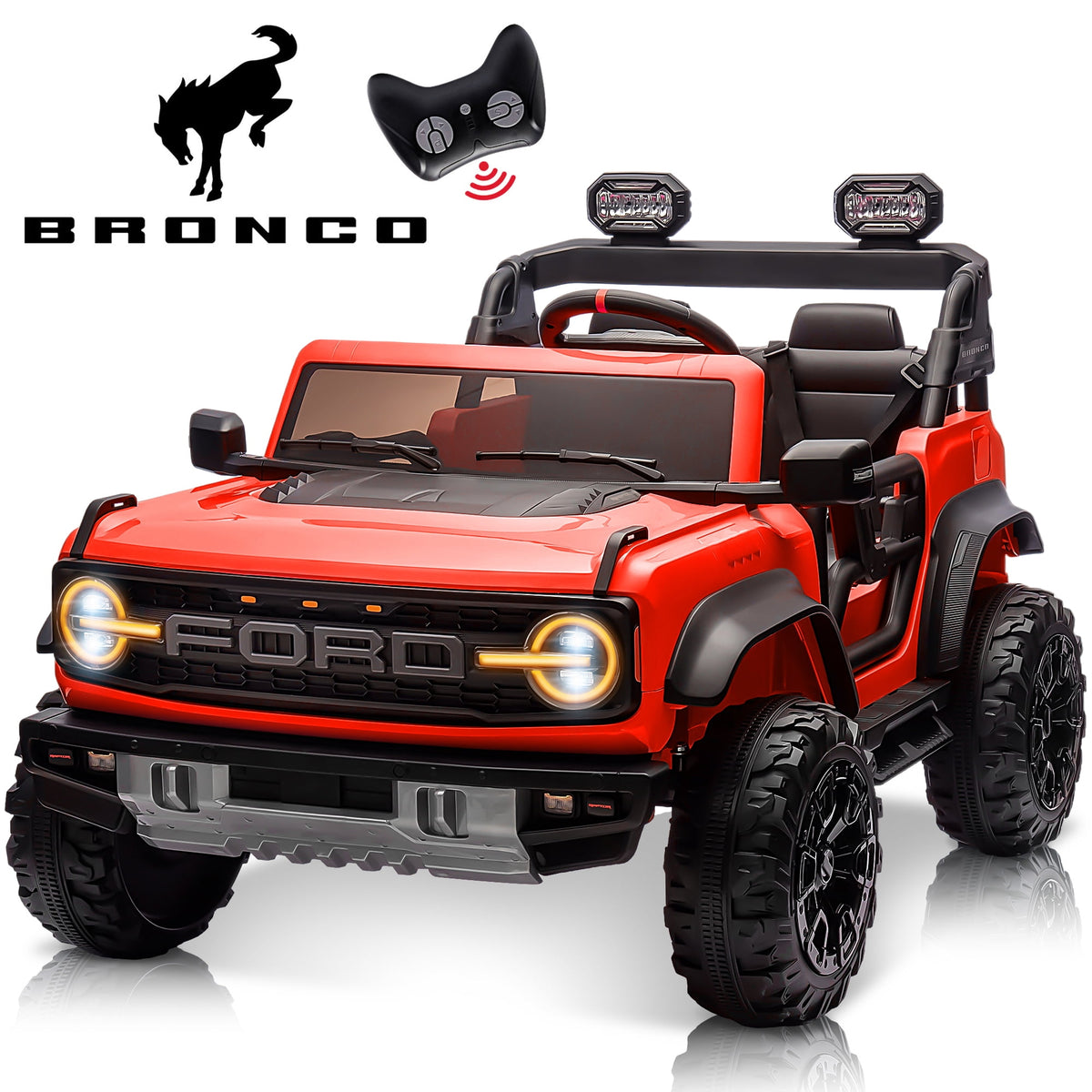 24V Ride on Truck Car 2 Seater for Big Kids, Ford Bronco Raptor Powered Ride on Toy with Remote Control, Electric Car for Boys Girls 4-8 w/Bluetooth/LED Headlights/Safety Belt, 4 Wheelers,
