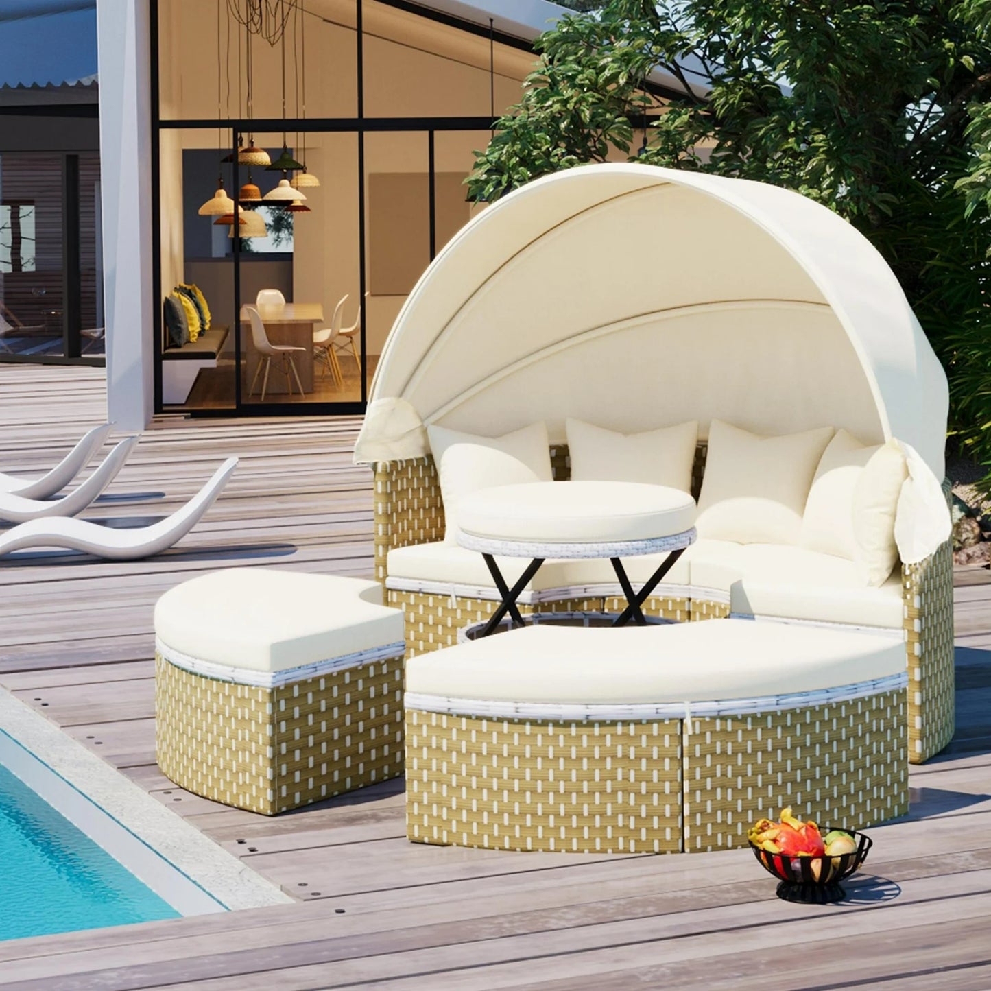 Outdoor Sectional Round Patio Daybed with Retractable Canopy, Sunbed Patio Bed with Cushions and Separate Seating, Wicker Rattan Patio Conversation Sets 4 Pieces for Backyard Porch Lawn, Beige