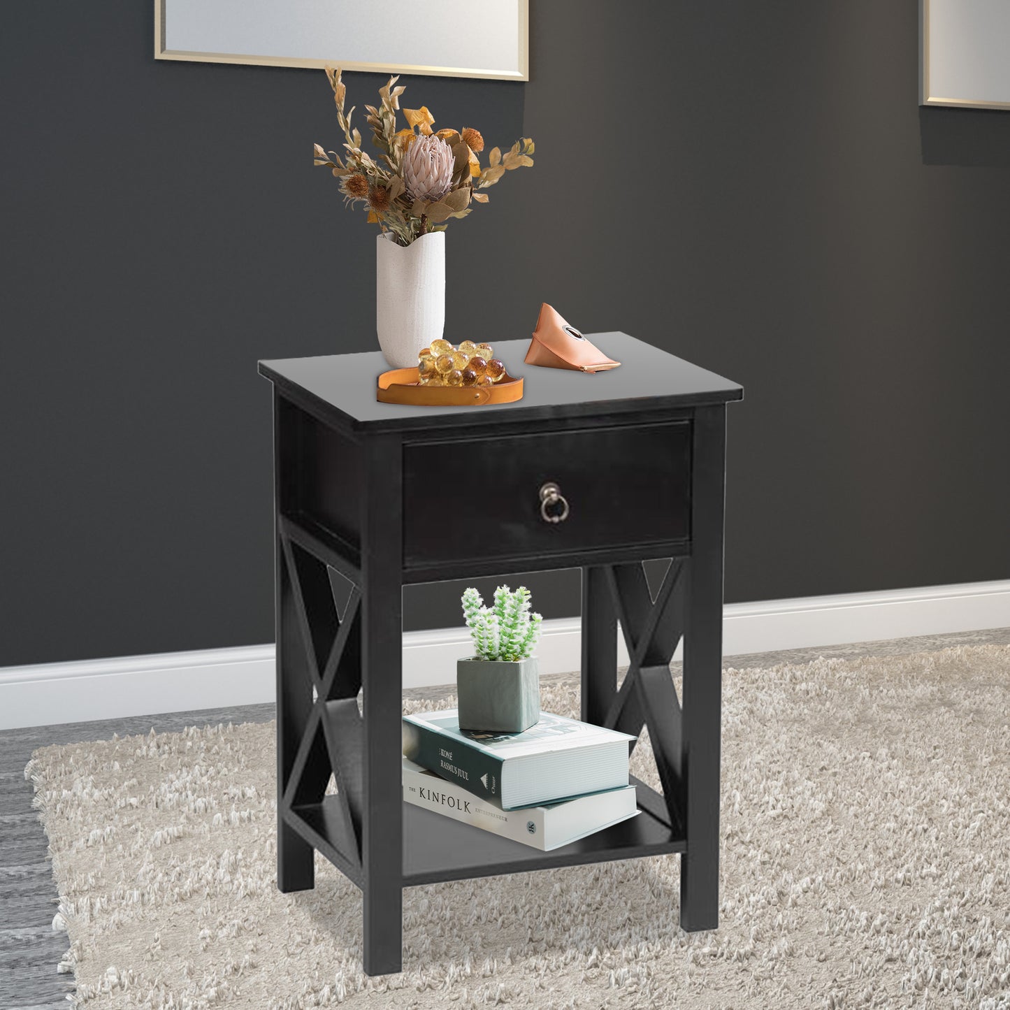 Nightstand for Bedroom, CASEMIOL Wood End Table with Storage, Modern Narrow Side Table with Drawer, Storage Shelf, Modern Night Stand Rustic Bedside Table for Living Room, Sofa Couch, Black