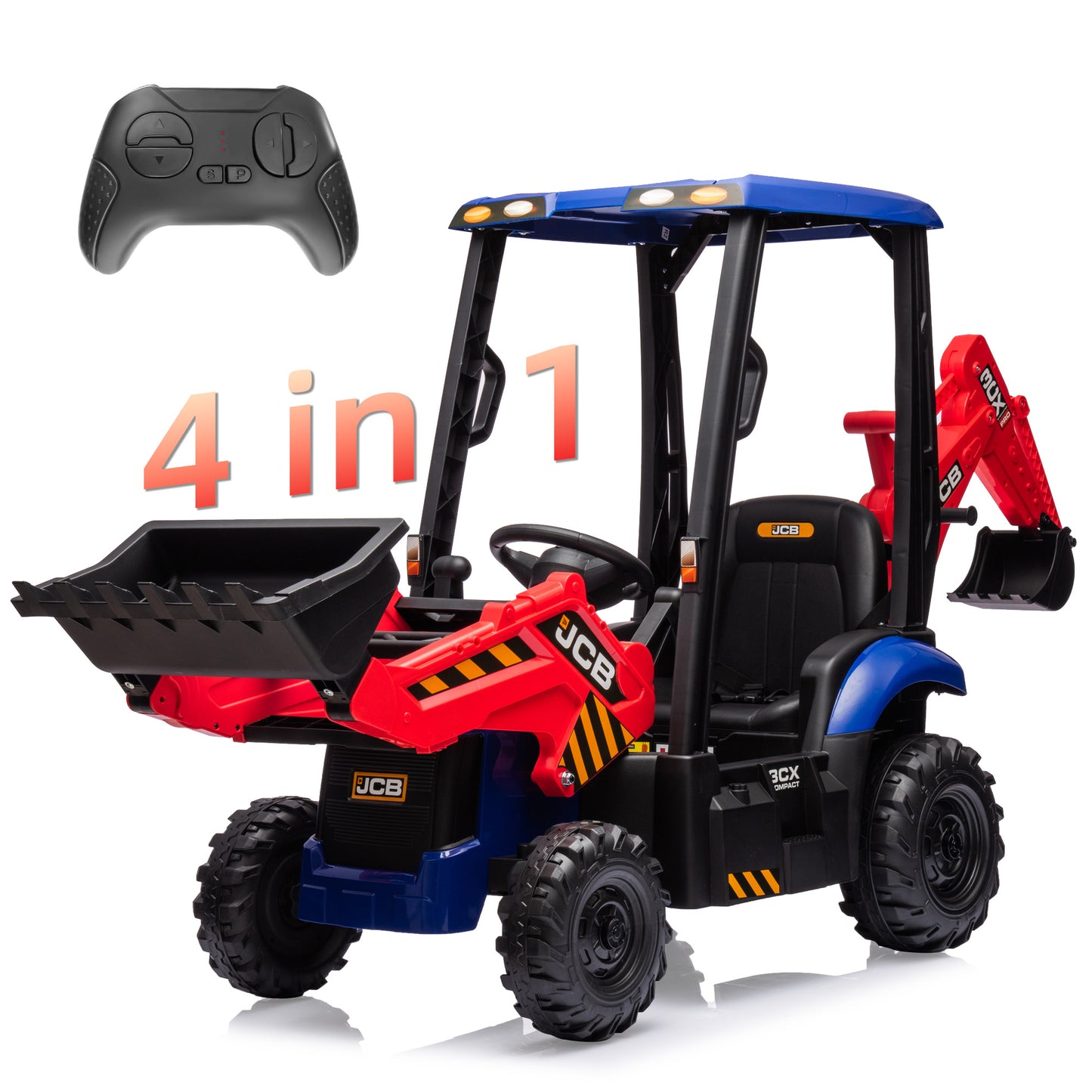 JCB Excavator Ride On & Bulldozer, 12V Battery Powered Construction Vehicles for Kids with Remote Control and Front Loader, Music Player, Backhoe Loader Ride-On Large Digger Yellow