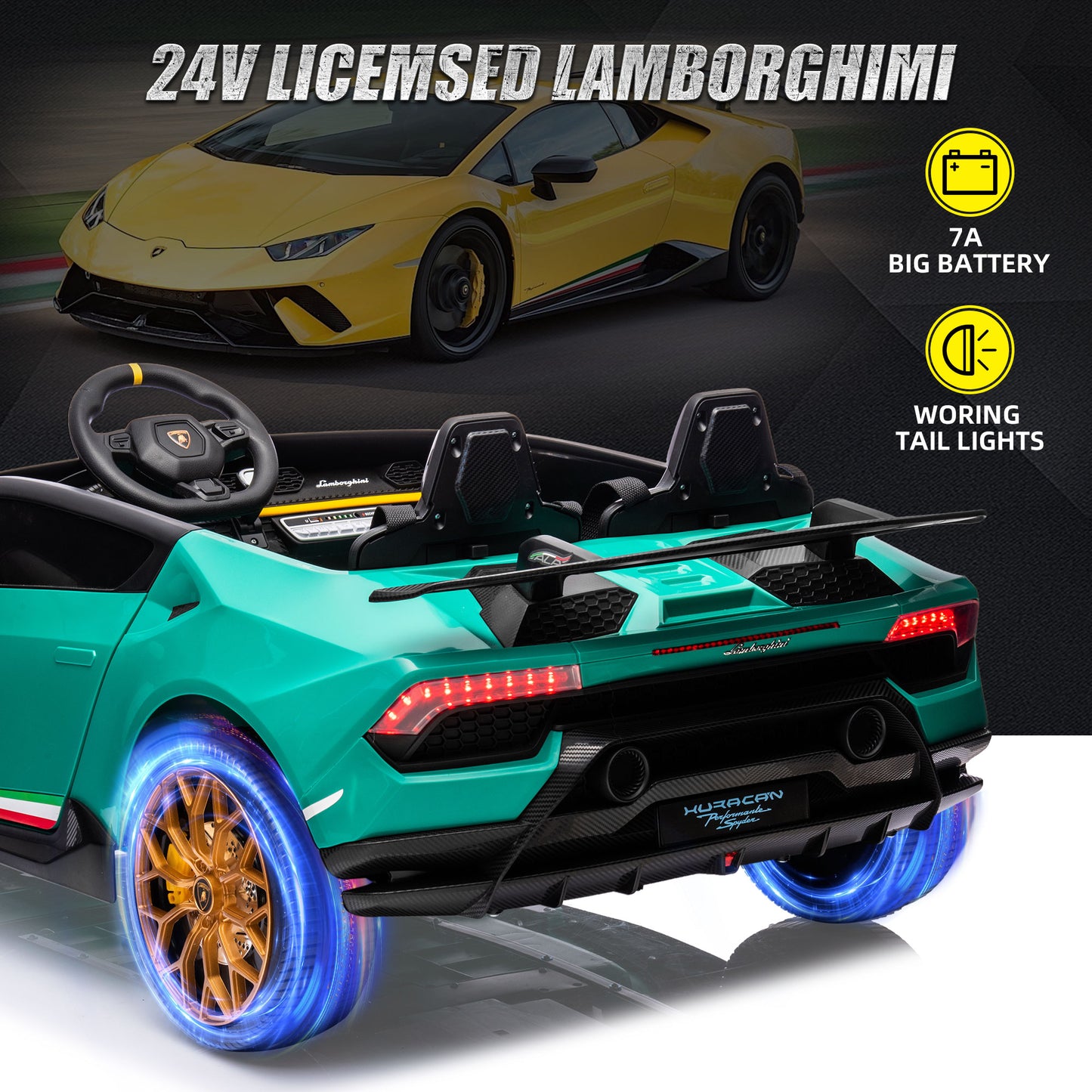 Lamborghini Huracan 24v Ride-on Toys, Real 2-Seater Battery-Powered Cars for Kids with Remote Control, Suspension, LED Light, Music, Bluetooth, 4-Wheeler Sports Car for Boys Girls 3-8