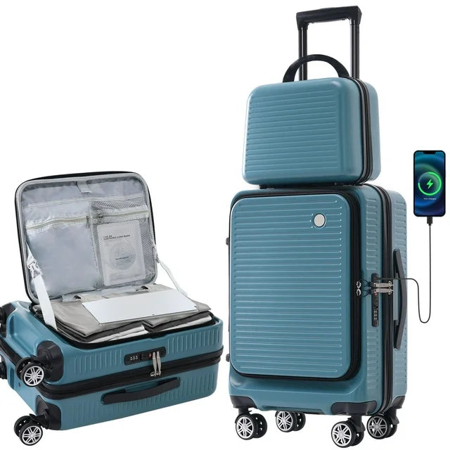 Carry on Hardshell Luggage Sets 2 Piece with USB Port TSA Lock, 20 inch Front Open Suitcase with Spinner Wheels and Front Pocket, Small Carry on Suitcase Set with 1 Portable Carrying Case, Deep Blue