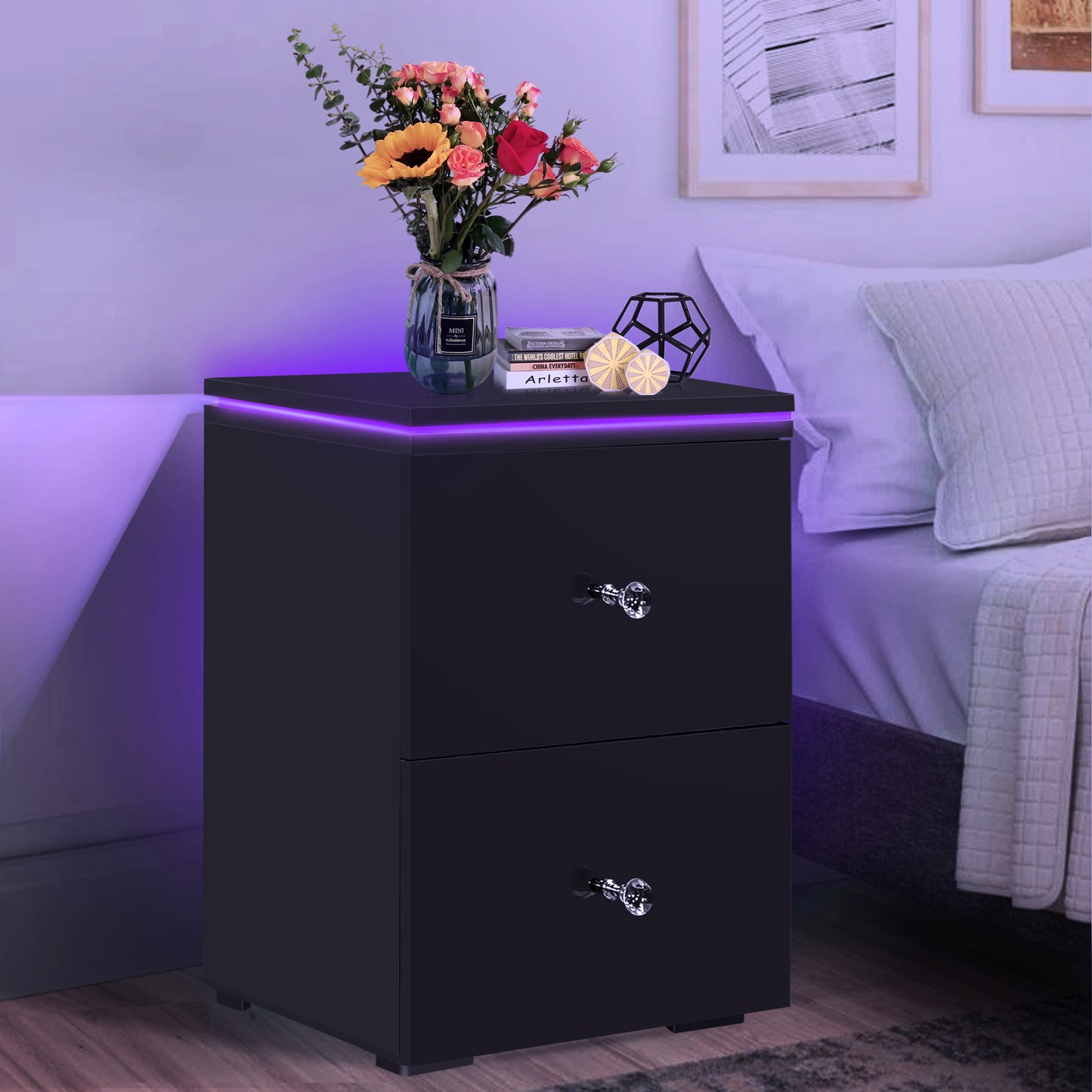 2 Set of Nightstands for Living Room, CASEMIOL Bedside End Table with LED Lights, Storage Side Table with 2 Drawers, High Gloss Wooden Sofa Side Table for Modern Bedroom, Black