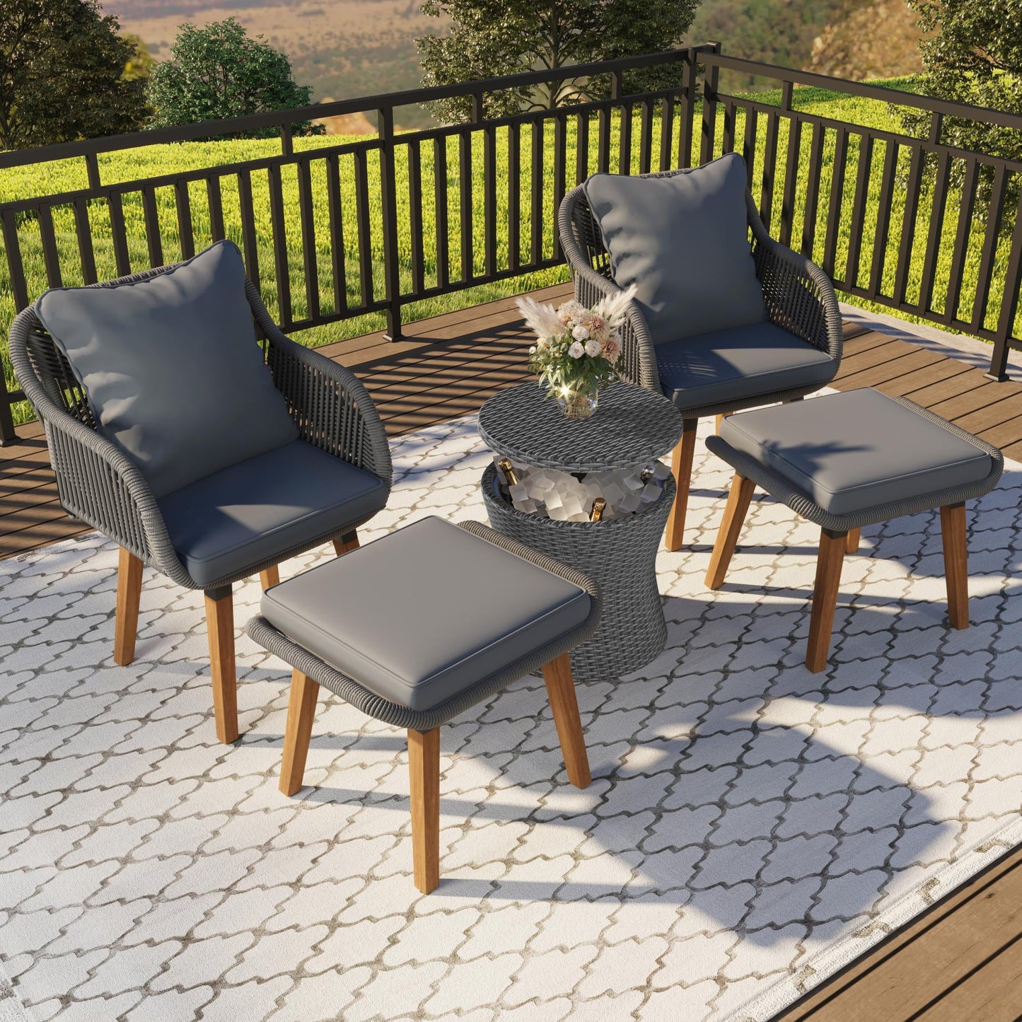 Patio Furniture Set 5 Pieces, Outdoor Bistro Table and Chairs Set with Pop Up Patio Bar Table and Ottomans, Wicker Patio Conversation Sets for Porch Backyard Balcony Poolside, Grey