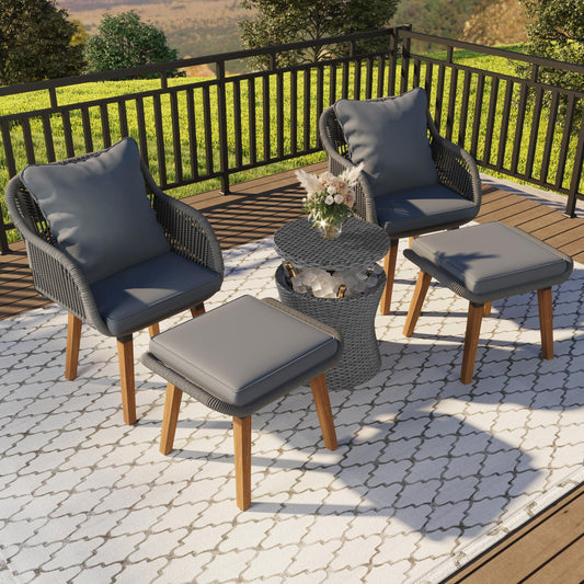 Patio Furniture Set 5 Pieces, Outdoor Bistro Table and Chairs Set with Pop Up Patio Bar Table and Ottomans, Wicker Patio Conversation Sets for Porch Backyard Balcony Poolside, Grey
