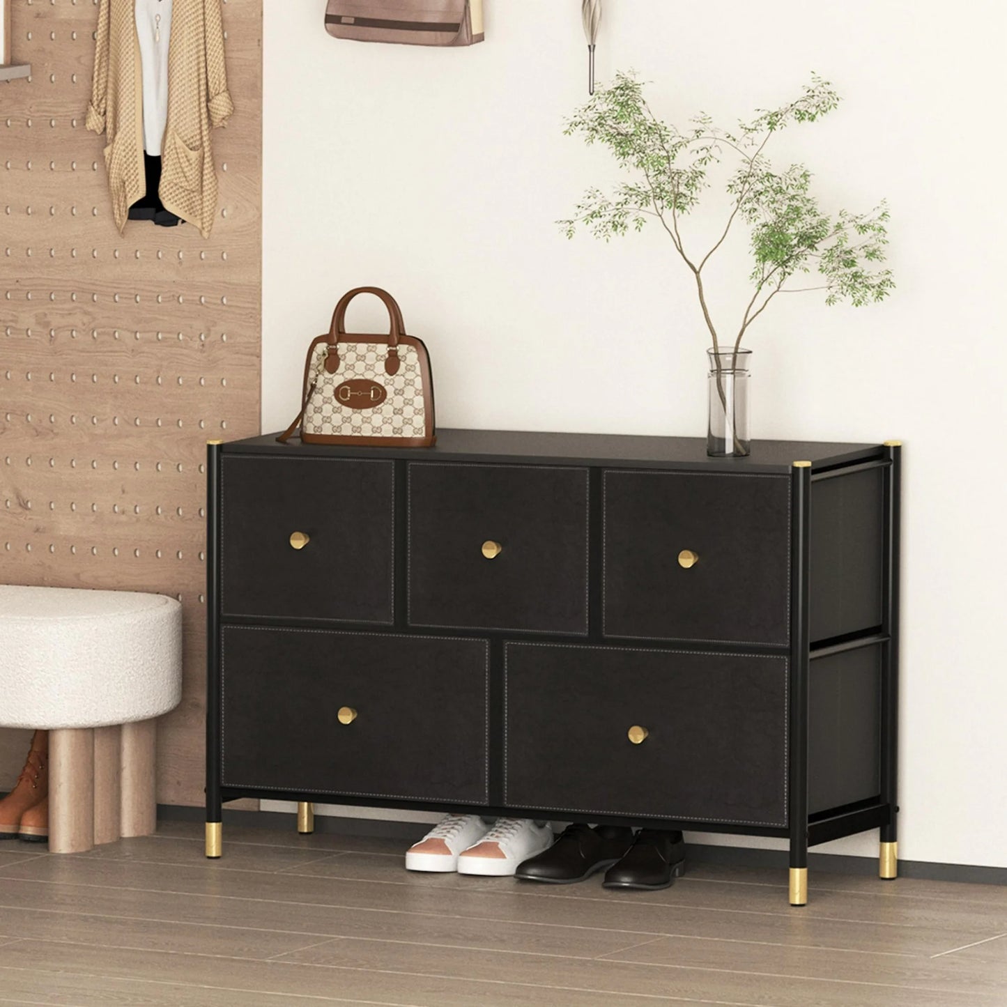 Drawer Dresser with 6 PU Leather Deep Drawers, Drawer Double Dresser with Steel Frame and Adjustable Feet, Bedroom Dresser with Gold Handle, Storage Tower for Kids Room Living Room Hallway, Black
