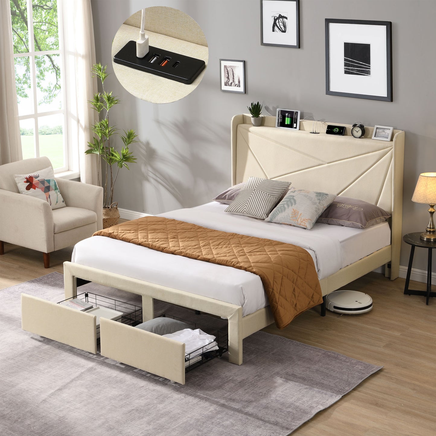 CASEMIOL Platform Bed Frame, Full-Size Bed Frame with Headboard, Storage and Charging Station, Noise-Free, No Box Spring Needed, 55.9"W Bedroom Modern Bed Frame Holds 1000 Pounds