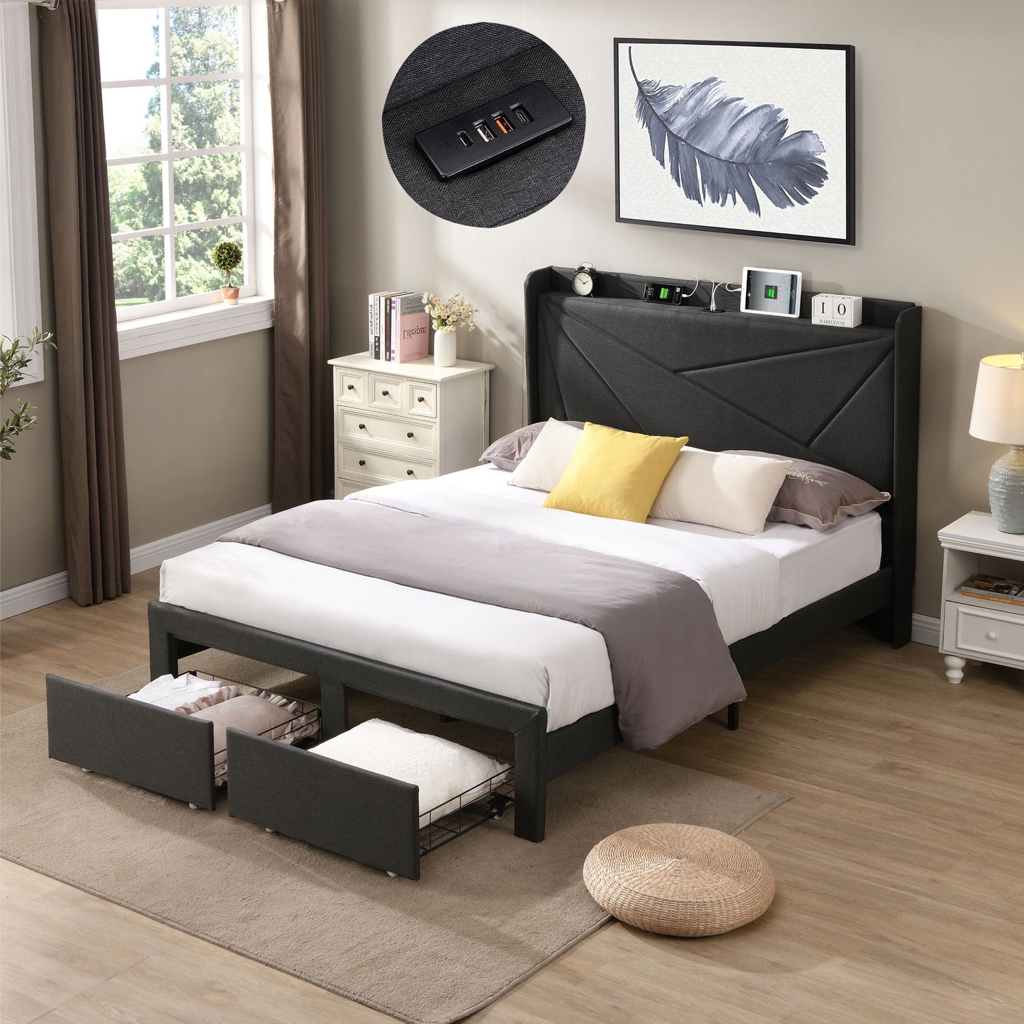 CASEMIOL Platform Bed Frame, Full-Size Bed Frame with Headboard, Storage and Charging Station, Noise-Free, No Box Spring Needed, 55.9"W Bedroom Modern Bed Frame Holds 1000 Pounds