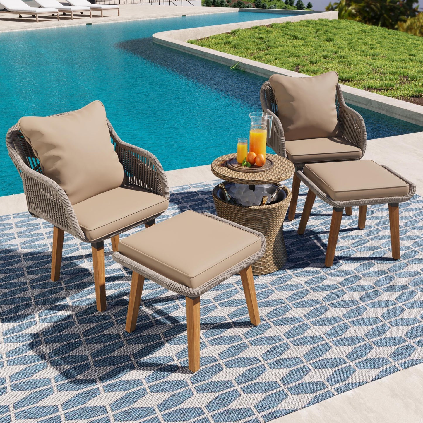 Patio Furniture Set 5 Pieces, Outdoor Bistro Table and Chairs Set with Pop Up Patio Bar Table and Ottomans, Wicker Patio Conversation Sets for Porch Backyard Balcony Poolside, Grey