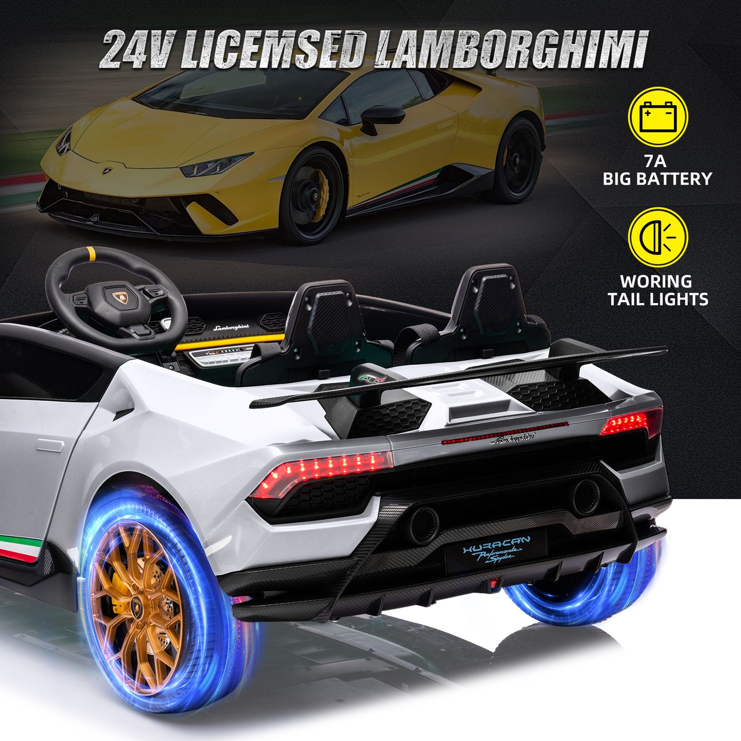 Lamborghini Huracan 24v Ride-on Toys, Real 2-Seater Battery-Powered Cars for Kids with Remote Control, Suspension, LED Light, Music, Bluetooth, 4-Wheeler Sports Car for Boys Girls 3-8