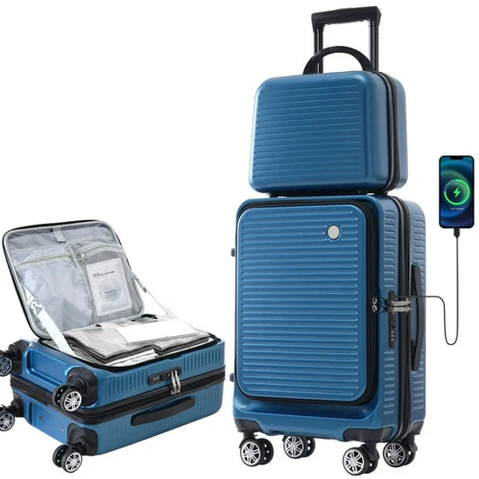 Carry on Hardshell Luggage Sets 2 Piece with USB Port TSA Lock, 20 inch Front Open Suitcase with Spinner Wheels and Front Pocket, Small Carry on Suitcase Set with 1 Portable Carrying Case, Deep Blue