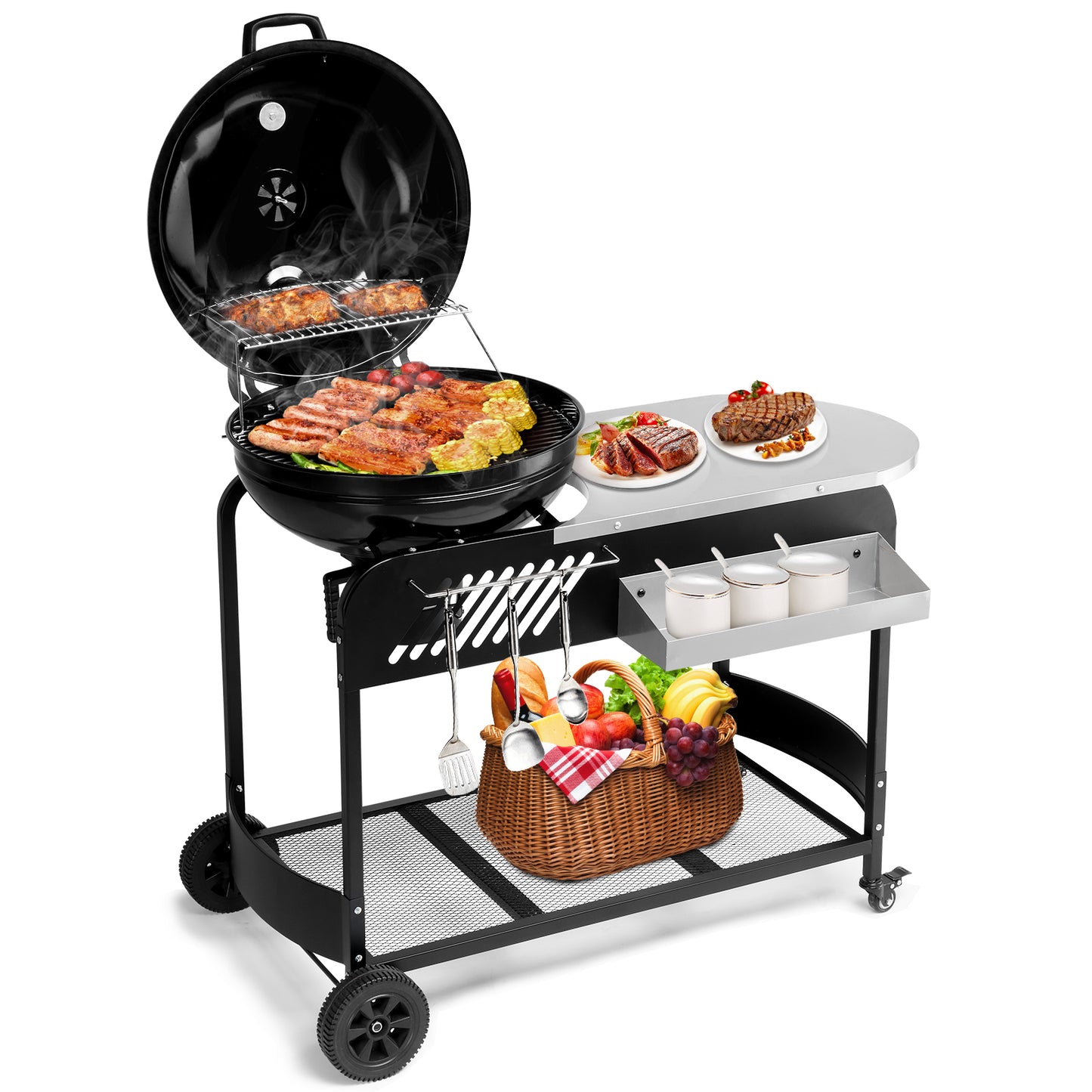 Charcoal Grill with Side Table, Portable BBQ Grill with Cart, Slide-Out Ash Pan & Thermometer for Outdoor Barbecue Camping Outdoor, Picnic, Backyard Cooking, Black