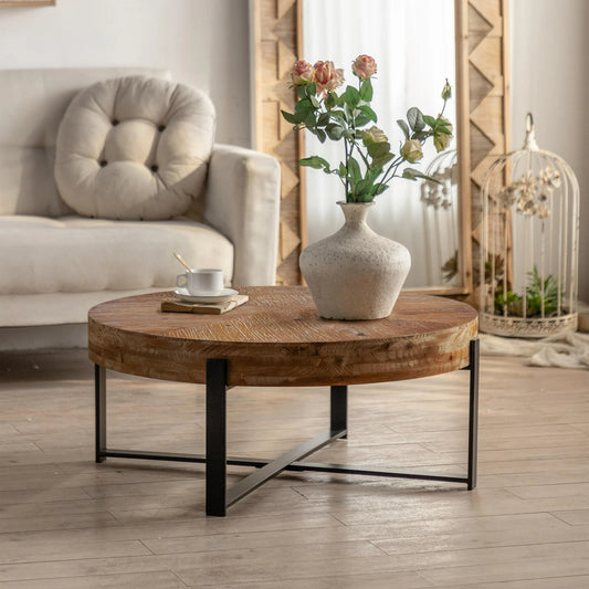 31.29" Round Wood Coffee Table, Modern Farmhouse Splicing Living Room Table with Black Cross Legs Base, Retro Sofa Side Center Table for Home Office, Brown