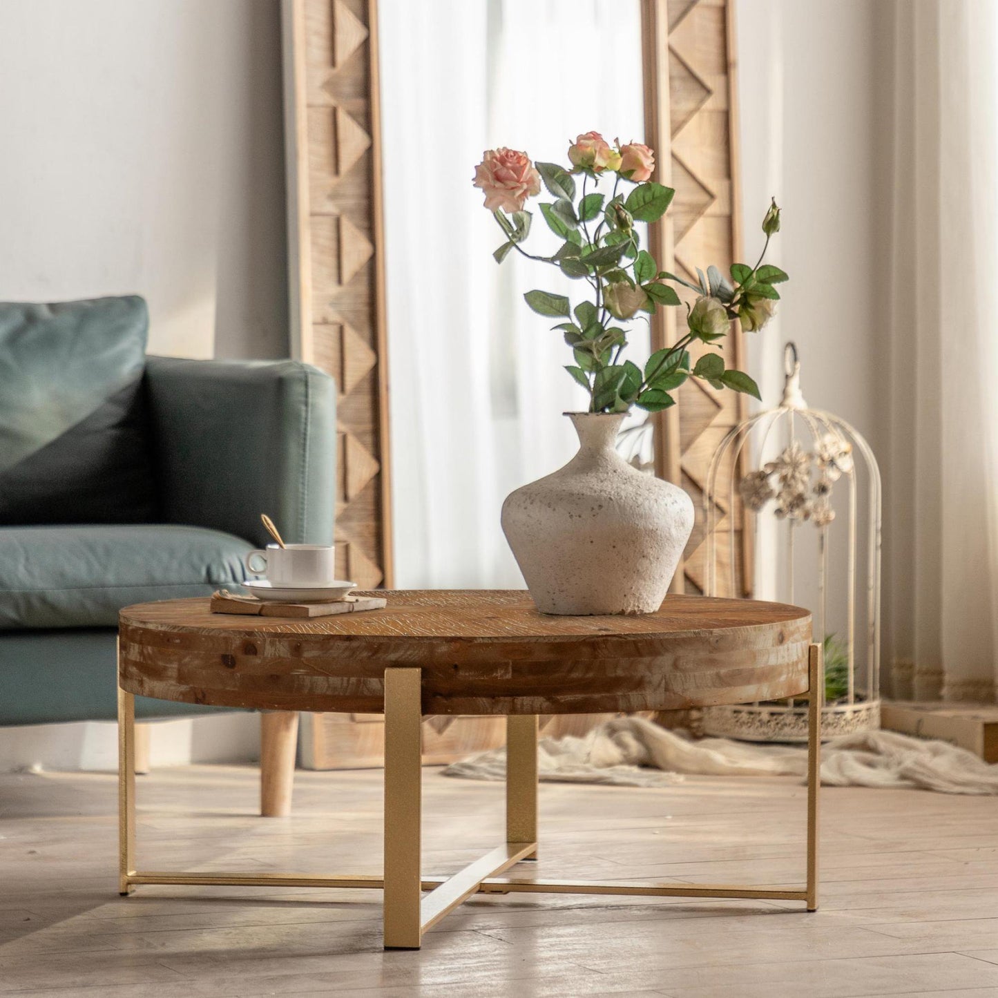 31.29" Round Wood Coffee Table, Modern Farmhouse Splicing Living Room Table with Black Cross Legs Base, Retro Sofa Side Center Table for Home Office, Brown