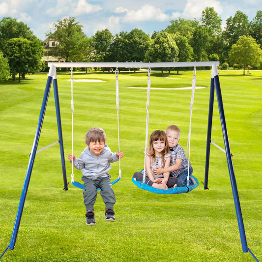 32" Kids Swing Set for Outside, Metal Swing Set with Stable A-Frame, 440 lbs Weight Capacity, Toddler Swing Set with 2 Swings, Flying Saucer Tree Swing set with Adjustable Rope for Backyard, Blue