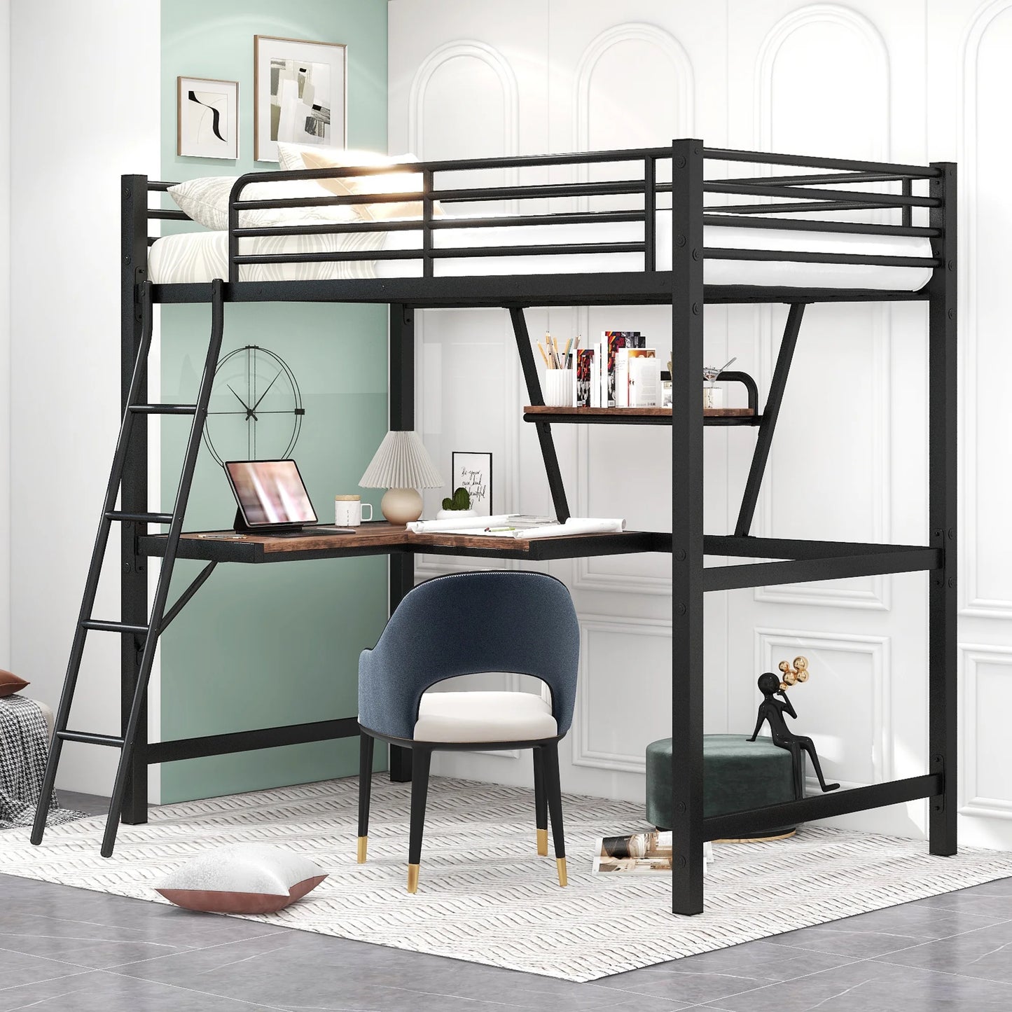 Twin Size Loft Bed Frame with Desk and Shelf, Heavy Duty Metal Loft Bed with Stable Structure, Loft Bunk Bed with Full-Length Guardrails and Stairs, No Box Spring Needed, for Kids Teenager, Black