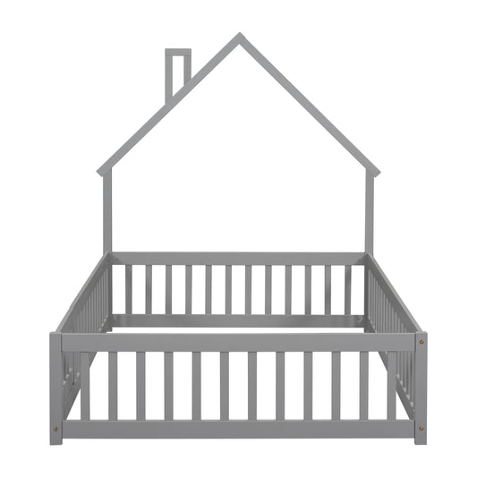 Twin Size Toddler Floor Bed Frame with Safety Guardrails and Door and Headboard, wood Montessori Floor Bed for Girls, Boys