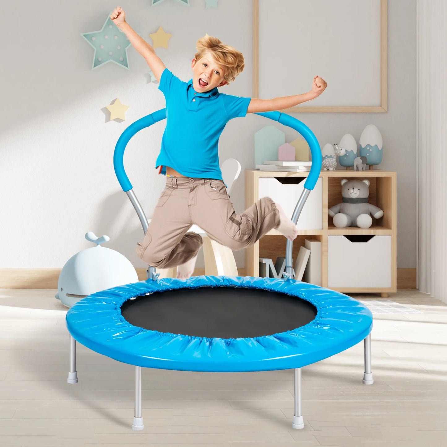 36" Kids Trampoline with Handle, 220LBS Weight Capacity, Recreational Trampolines with Metal Springs and Stable Six Legs, Easy Assembly, Round Trampoline for Kids Indoor Outdoor, Pink