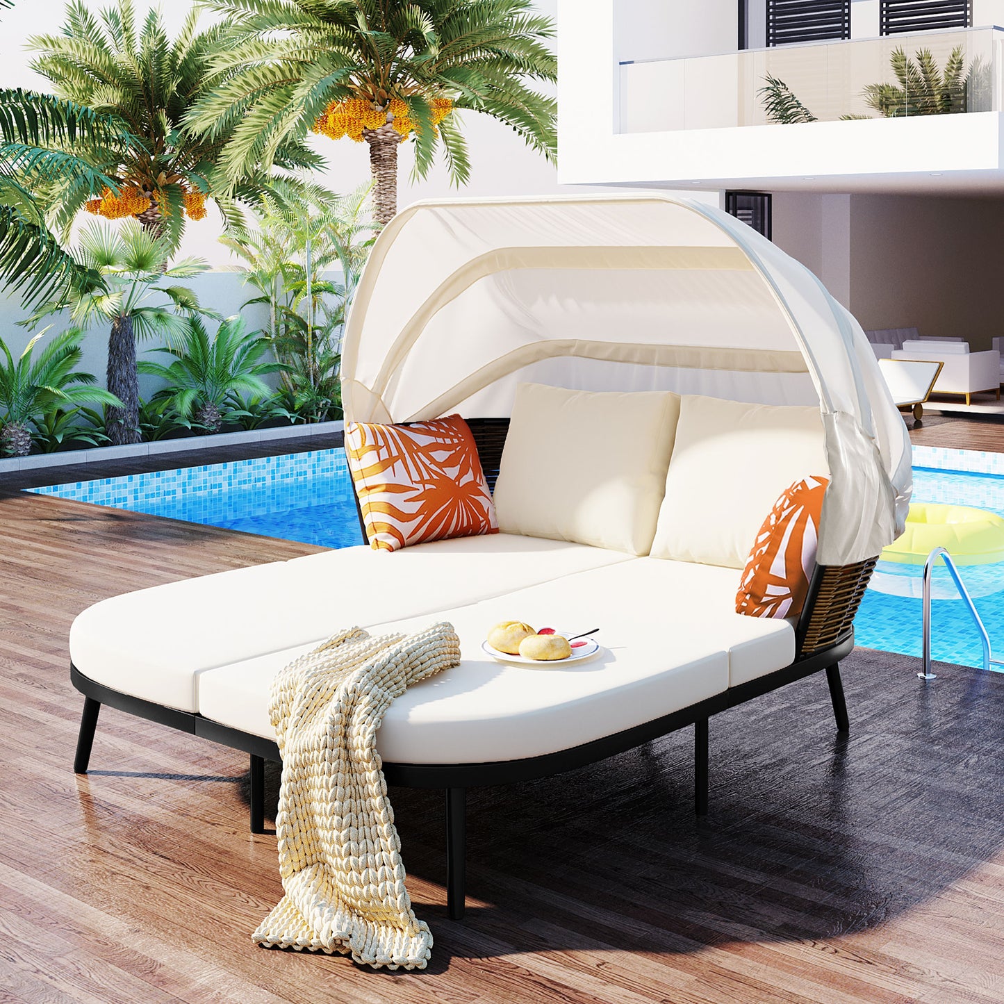 Outdoor Patio Daybed with Retractable Canopy,  Sunbed Patio Bed Lounger, Rattan Wicker Back Patio Sectional Loveseat Sofa Set with Throw Pillows and Cushions for Backyard Poolside Garden, Brown