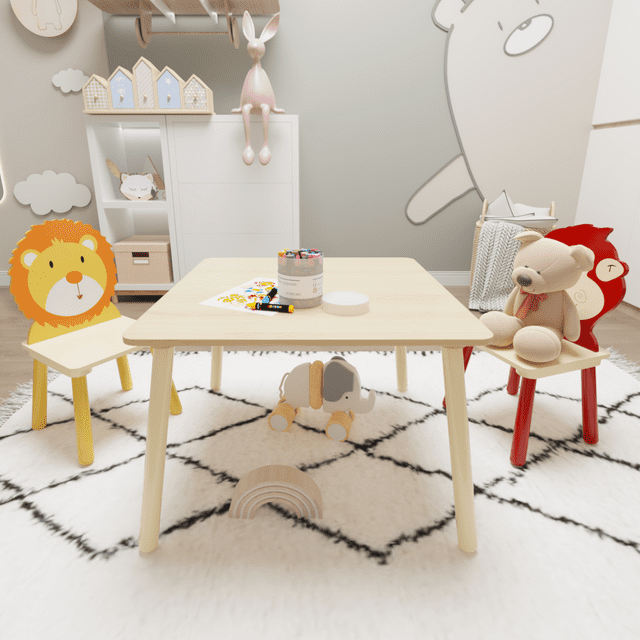 CASEMIOL Kids Table and Chairs Set, 2 Toddler Chairs with 1 Table for Boys Girls Kids 2-6, Cartoon Chairs for Children Play Room Dining Room Bedroom Furniture, 3 PCS, Wood, (Lion/Monkey Chairs)
