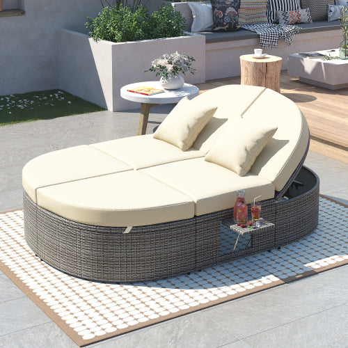 Outdoor Round Patio Daybed, Sunbed Patio bed with Cushions Pillows, Wicker Rattan Patio Sectional Loveseat Sofa Set with Adjustable Backrests and Foldable Cup Trays for Backyard Porch Lawn, Beige