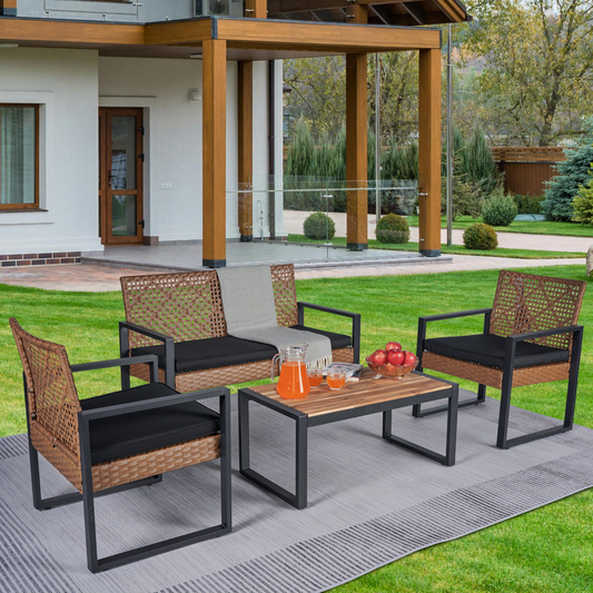 CASEMIOL Patio Furniture Set 4 Pieces Outdoor Rattan Chairs Wicker Sofa Conversation Sets with Coffee Table, Bistro Sets for Patio, balcony, Lawn, Backyard, Black&Brown