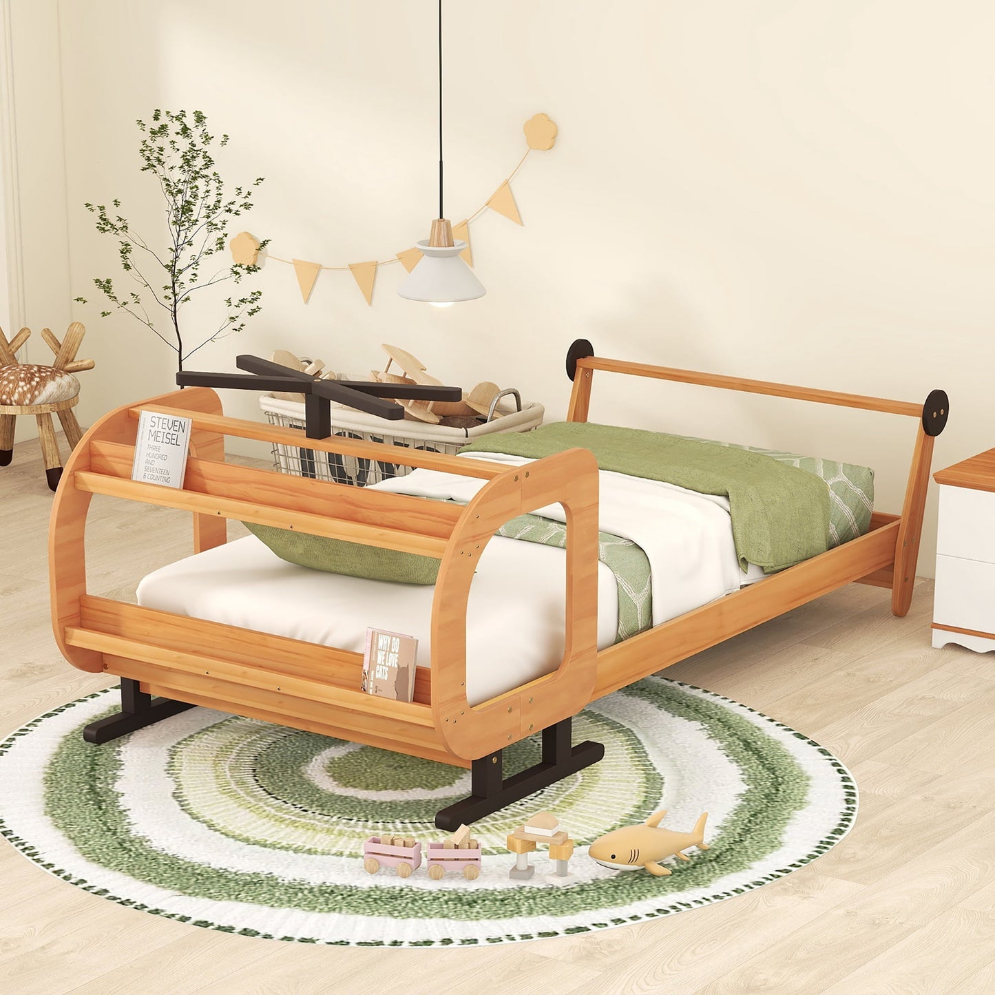 CASEMIOL Twin Bed Frame, Airplane Shape, with Rotatable Propeller, Twin Size Platform Bed with Storage Shelves, for Kids, Boys, Girls Bedroom, Wood Slats Support, Natural