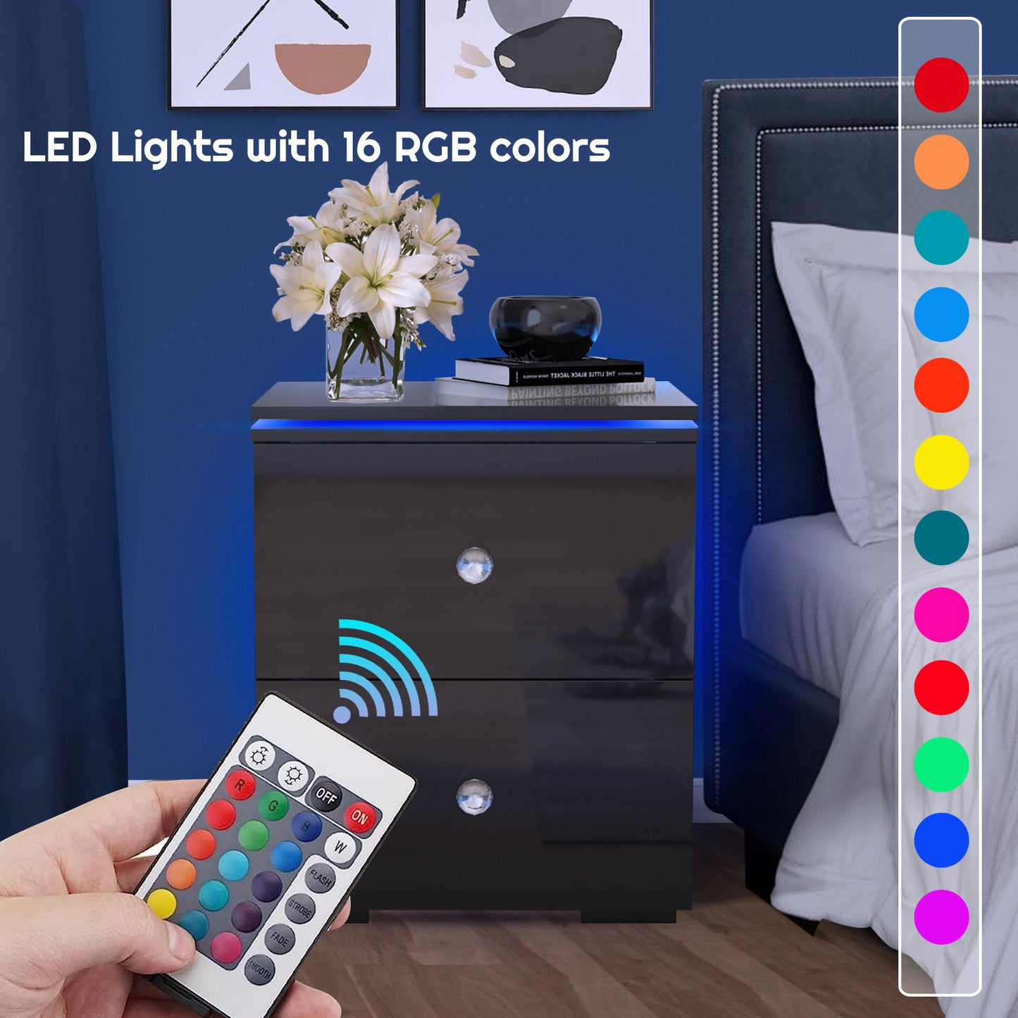 LED Side Table for Living Room, CASEMIOL Storage End Table with 2 Drawers, Modern High Gloss Wooden Nightstand for Bedroom, Black