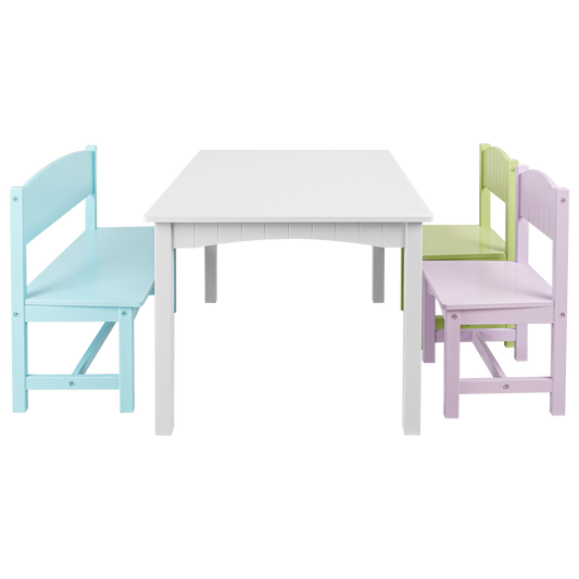 Kids Table and Chairs 4 Piece, Solid Wood Toddler Table and Chair Set, Non Toxic Finish, Multifunctional Kids Desk and 3 Chairs Set, Toddler Activity Table for Aged 3+, Dopamine Colorful