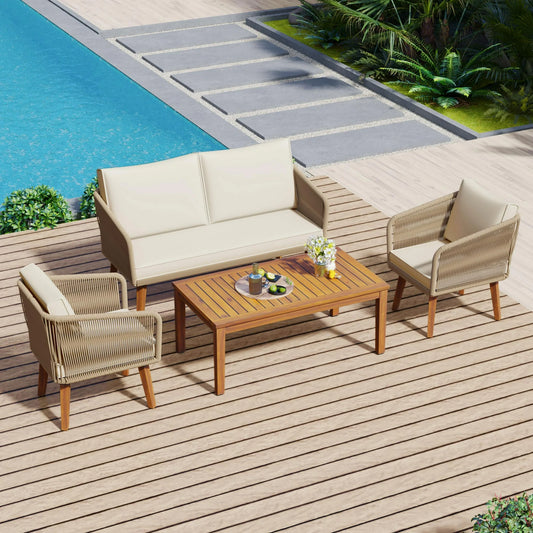 Outdoor Patio Furniture Set with Solid Wood Outdoor Sofa, Rattan Patio Table and Chairs Set of 4 Wicker with Removable Cushions, Patio Conversation Sets with Metal Frame for Balcony Porch Lawn, Beige