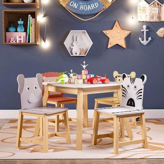 CASEMIOL Kids Table and Chairs Set, Kids Desk and Chair Set with 4 Chairs and 1 Table for Boys Girls Kids 3-8, Cartoon Chairs for Children Play Room Dining Room Bedroom Furniture, 5 PCS, Wood