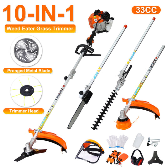 CASEMIOL 10 in 1 Weed Eater Grass Trimmer, Multi-Functional String Trimmer with Gas Pole Saw/Weed Trimmer/Brush Cutter/Protection Tools, for Quick Weed Grass Cleaning Crop Soil, 33 CC 2-Cycle
