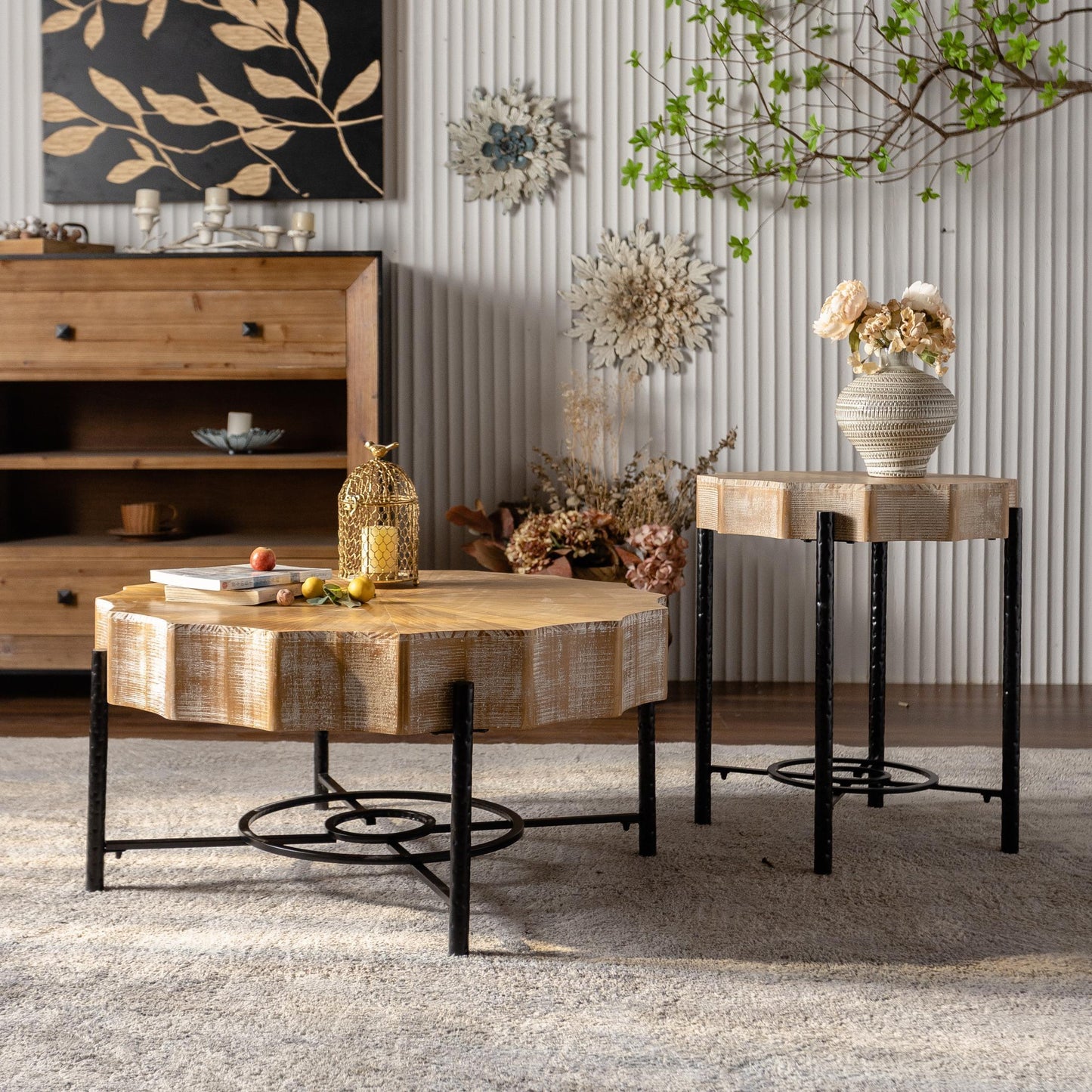 Coffee Table Round Set of 2 Pieces, Modern Farmhouse Living Room Center Table with Cross Legs Metal Base, Thread Design Cocktail Table Sets, Retro Tea Table for Home Office