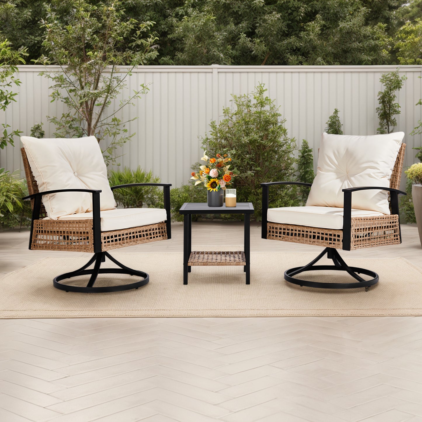 3 Piece Outdoor Swivel Rocker Chairs, Wicker Patio Furniture Set with 2 Rocking Chairs and 1 Coffee Table, Bistro Set with Thickened Cushions for Porch Backyard Poolside