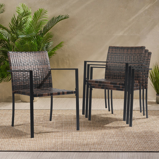 Outdoor Wicker Patio Dining Chairs Set of 2, CASEMIOL All-Weather Stackable Rattan Armchair, Steel Frame for Deck Garden Yard, Brown