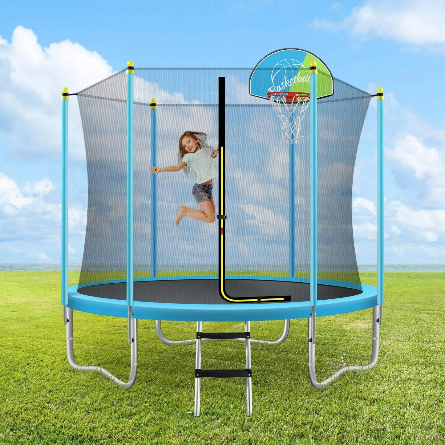 8FT Kids Trampoline with Safety Enclosure Net, 220 LBS Weight Capacity, Recreational Trampolines with Basketball Hoop and Ladder, Easy Assembly, Round Trampoline for Boy and Girls Outdoor, Blue