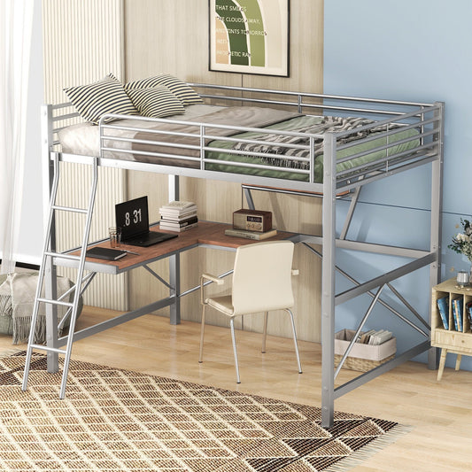 Full Size Loft Bed Frame with Desk and Shelf, Heavy Duty Metal Loft Bed with Stable Structure, Loft Bunk Bed with Full-Length Guardrails and Stairs, No Box Spring Needed, for Kids Teenagers, Silver