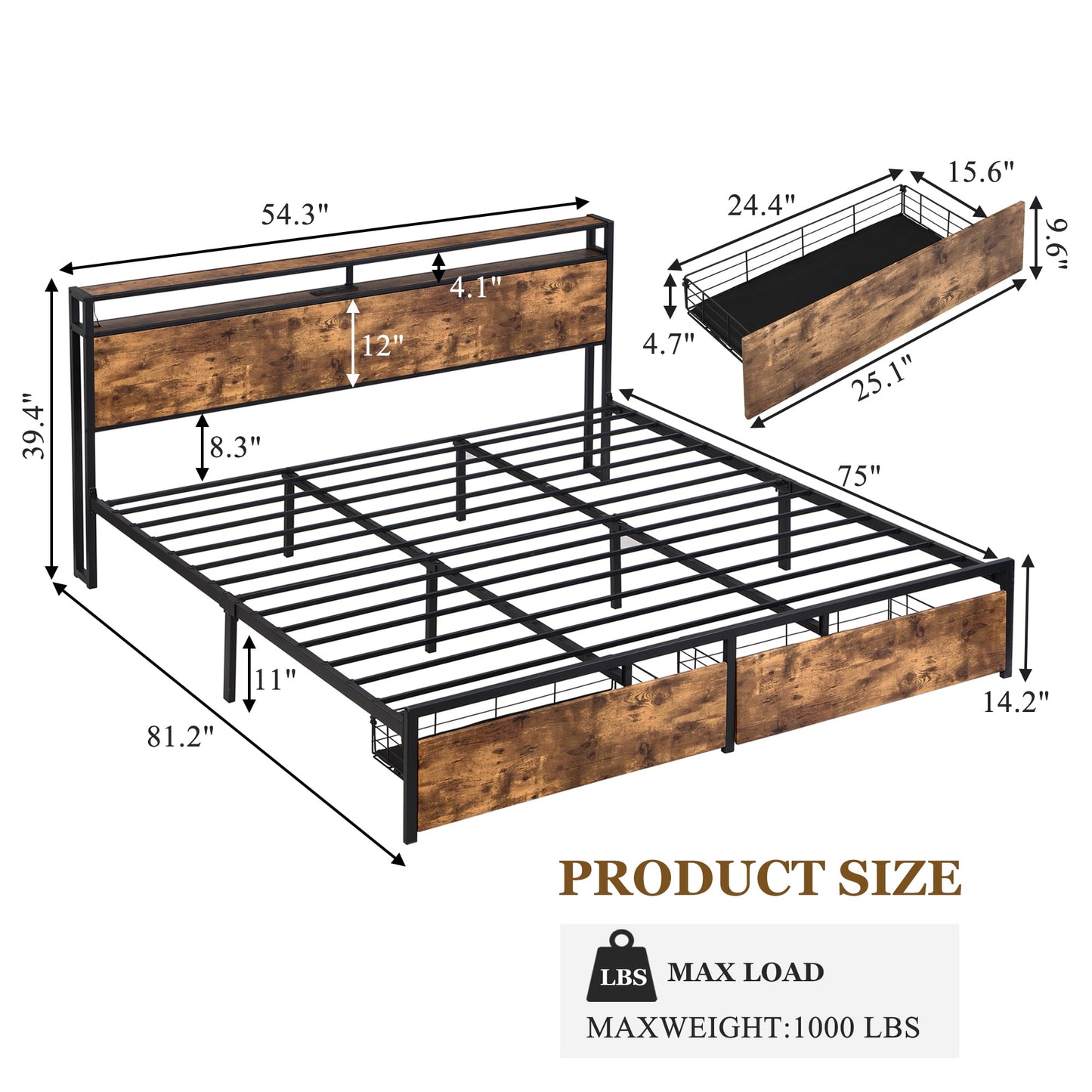 Bed Frame with Storage Headboard Charging Station USB Outlet, Wood Platform Bed Frame with Led Lights and Drawers for Adult Teen Bedroom Furniture, No Box Spring Need, Easy Assembly, Brown