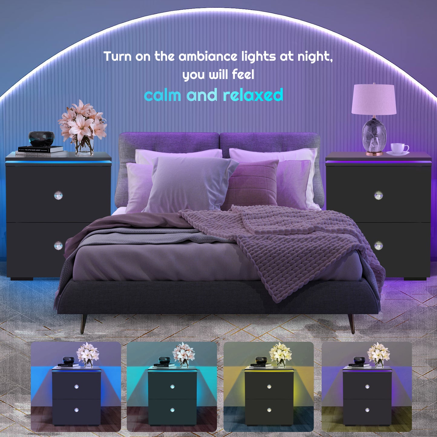 2 Set of Nightstands for Living Room, CASEMIOL Bedside End Table with LED Lights, Storage Side Table with 2 Drawers, High Gloss Wooden Sofa Side Table for Modern Bedroom, Black