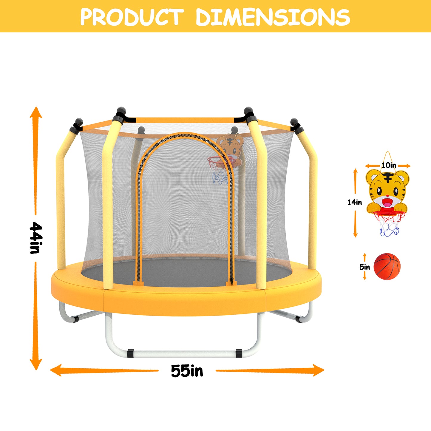 55" Toddler Trampoline with Safety Enclosure Net, Trampoline Indoor & Outdoor, Mini Trampoline for kids 1-8 with Basketball Hoop, Ball and Thick Foam Protection, Birthday Gifts for Boys&Girls