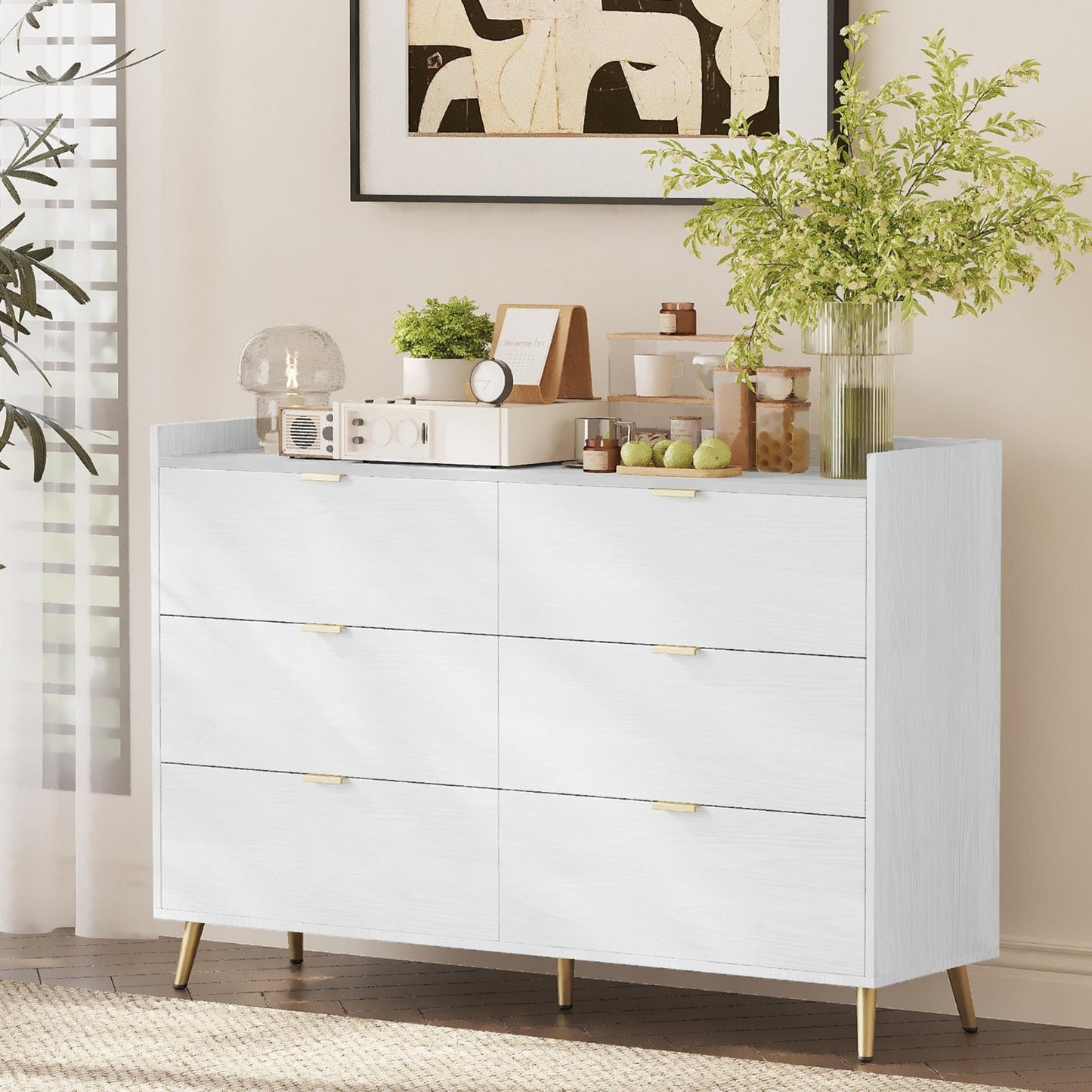 6 Drawer Dresser, Modern Wide Chest of Drawers with Marbling Worktop, Bedroom Storage Dresser for Clothes with Handle Metal legs for Kids Room Living Room Entry Hallway Furniture, White.