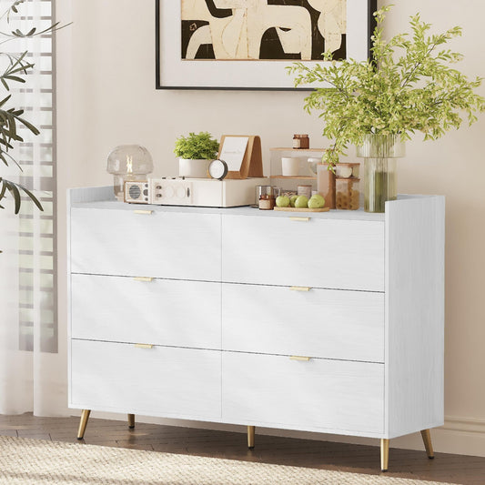 6 Drawer Dresser, Modern Wide Chest of Drawers with Marbling Worktop, Bedroom Storage Dresser for Clothes with Handle Metal legs for Kids Room Living Room Entry Hallway Furniture, White.