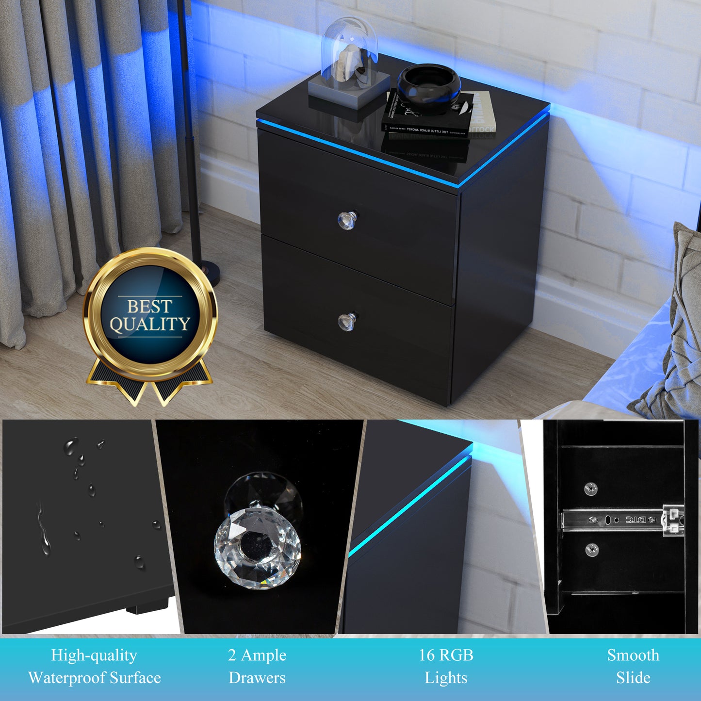 LED Side Table for Living Room, CASEMIOL Storage End Table with 2 Drawers, Modern High Gloss Wooden Nightstand for Bedroom, Black