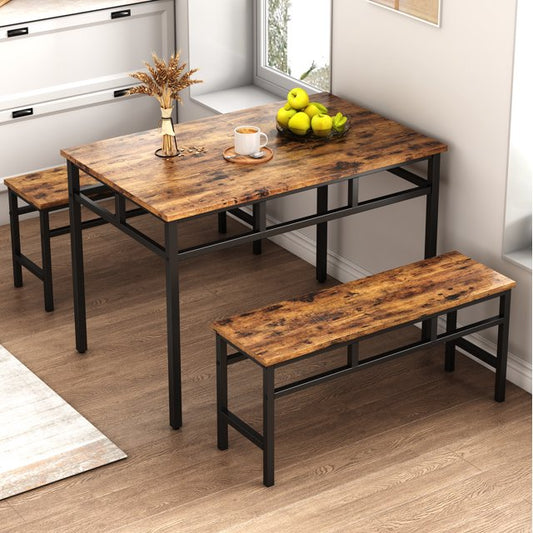 Dining Table Set Rectangular Dining Room Table Set for Home, Kitchen and Dining Room, Furniture Breakfast Table of 43.3x23.6x28.5 inches, Benches of 38.5x11.8x17.5 inches, Industrial Brown