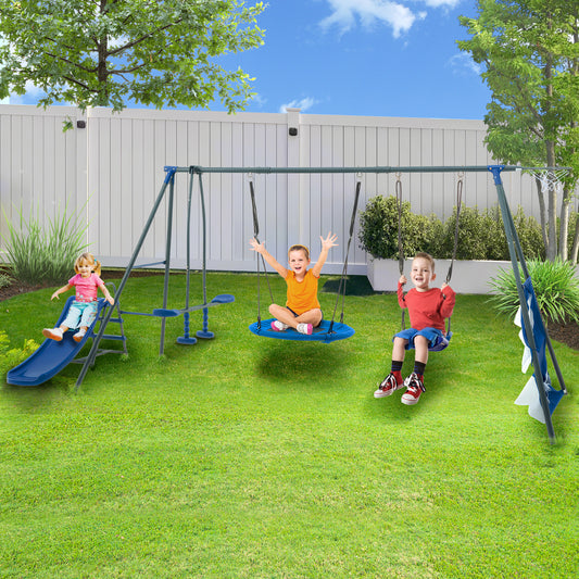 CASEMIOL Backyard Swing Sets for Outside, 440lbs Swing Set with Slide, Saucer Swing, Face-to-Face Swing, Basketball Hoop and Soccer Net, Outdoor Playground Playset for 3+ Kids, Blue