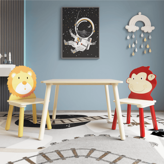 CASEMIOL Kids Table and Chairs Set, 2 Toddler Chairs with 1 Table for Boys Girls Kids 2-6, Cartoon Chairs for Children Play Room Dining Room Bedroom Furniture, 3 PCS, Wood, (Lion/Monkey Chairs)
