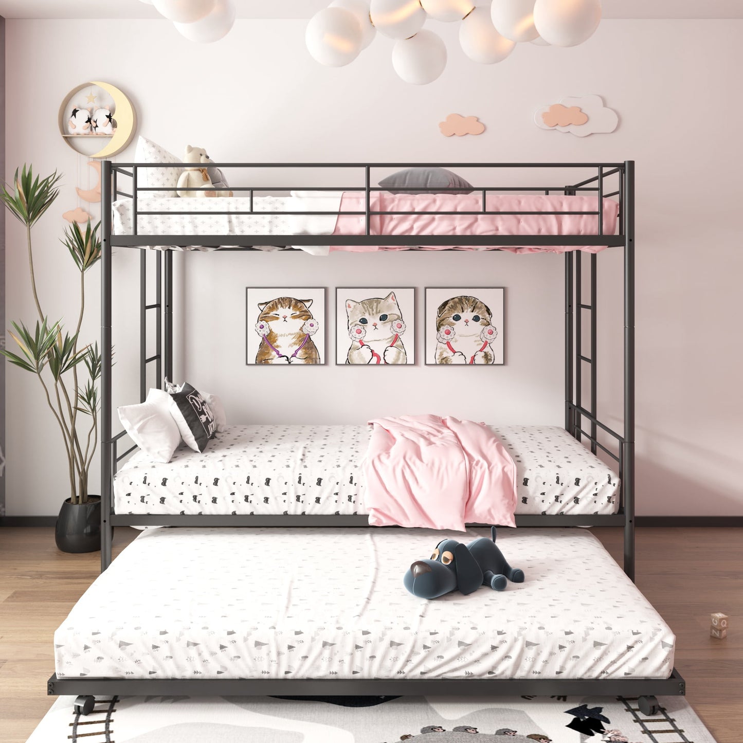 CASEMIOL Twin over Twin Metal Bunk Bed with Trundle, Bunk Bed Frame with 2 Ladders and Full-guardrail, Can Be Divided Into 3 Twin Beds, No Box Spring Need, for Adults Teens Kids, Black