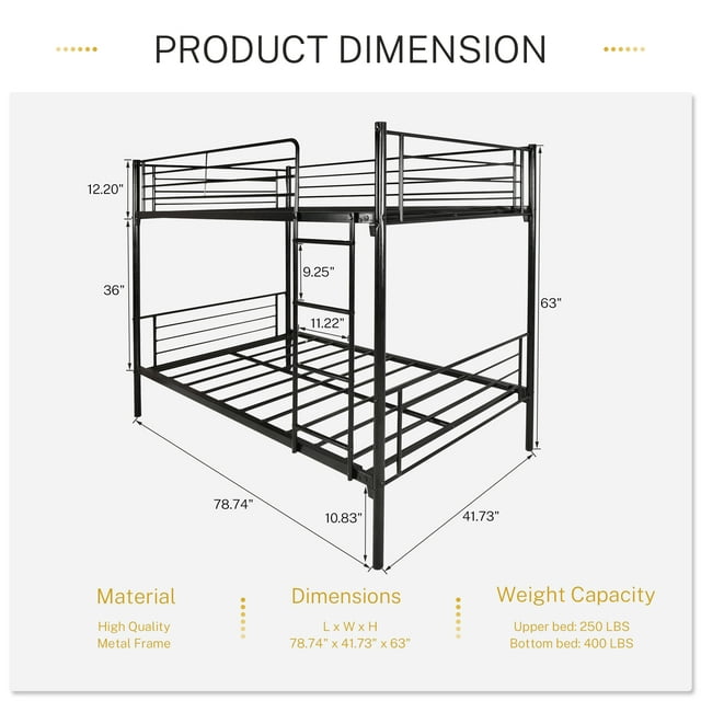 CASEMIOL Twin over Twin Bunk Bed, Heavy Duty Twin Size Metal Bunk Bed Frame with Guardrail and Ladder, Space Saving Design, Noise Free, No Box Spring Needed, Black