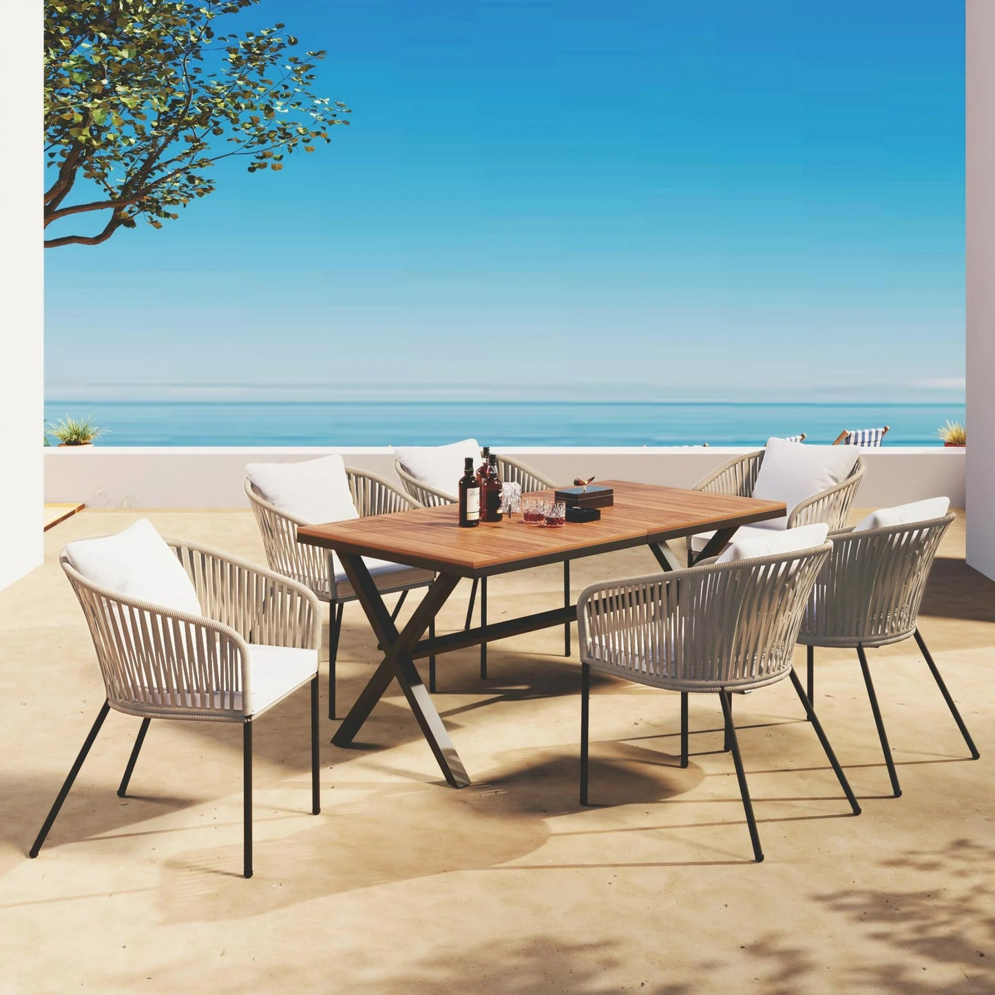 Outdoor Patio Furniture Sets 7 Pieces with Metal Frames, Outdoor Rattan Sectional Dining Patio Table and Chairs Set with Cushion, Patio Conversation Set All Weather for Backyard Porch Balcony, Beige