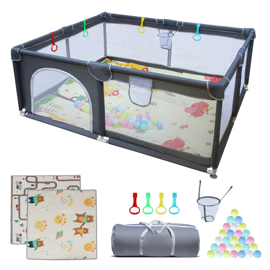 Baby Playpen with Mat, Cloth Playpen for Babies and Toddlers with Ocean Balls & Basketball Hoop, Removable Enclosures Baby Play Pen, Baby Activity Center for Kids and Pets, Gray